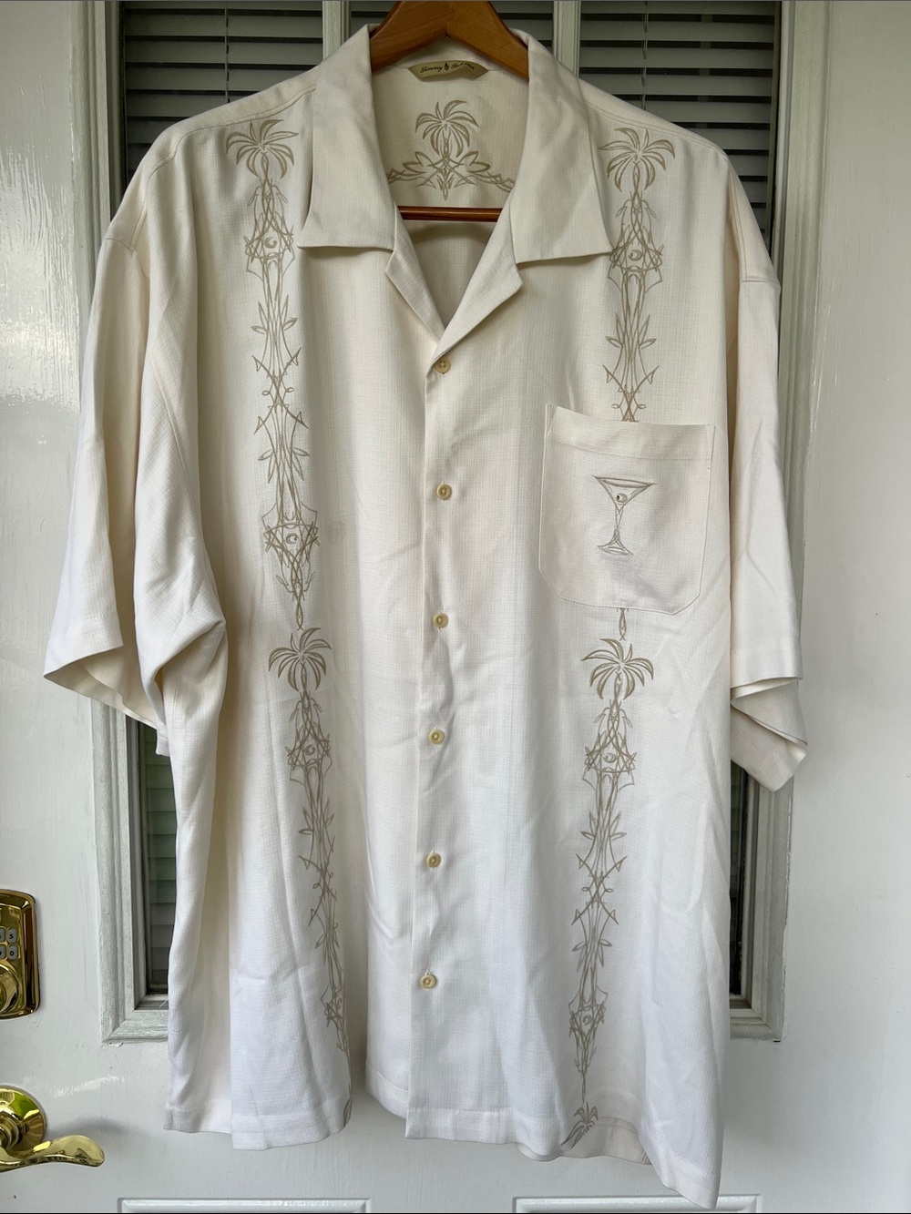 Tommy Bahama Cream Embroidered Camp Shirt with Pocket Palm Tree & Martini
